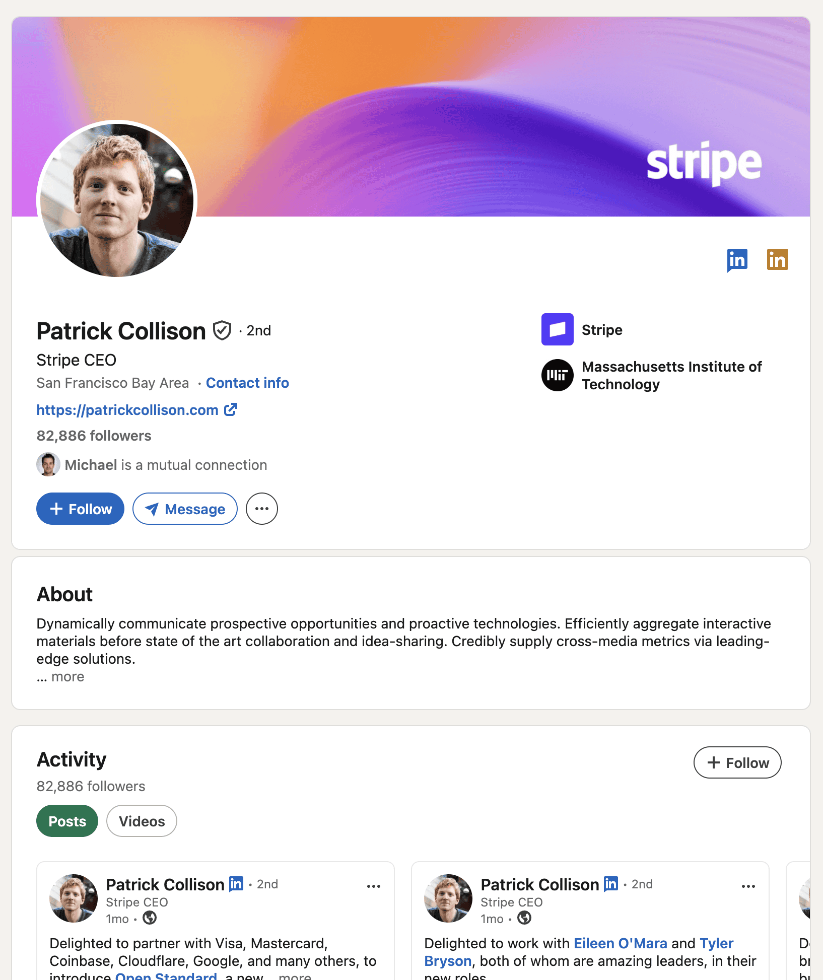 LinkedIn profile page for Patrick Collison